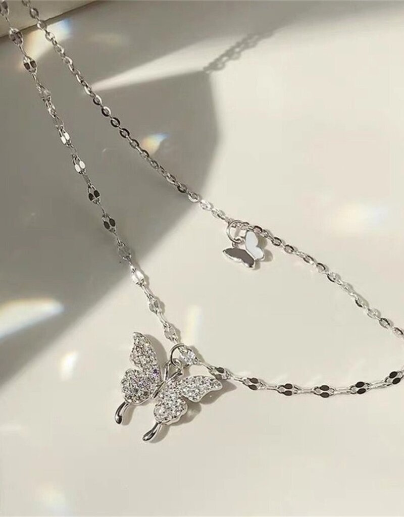 SN- Butterfly Layered Charm Necklace 2- Sterling Silver