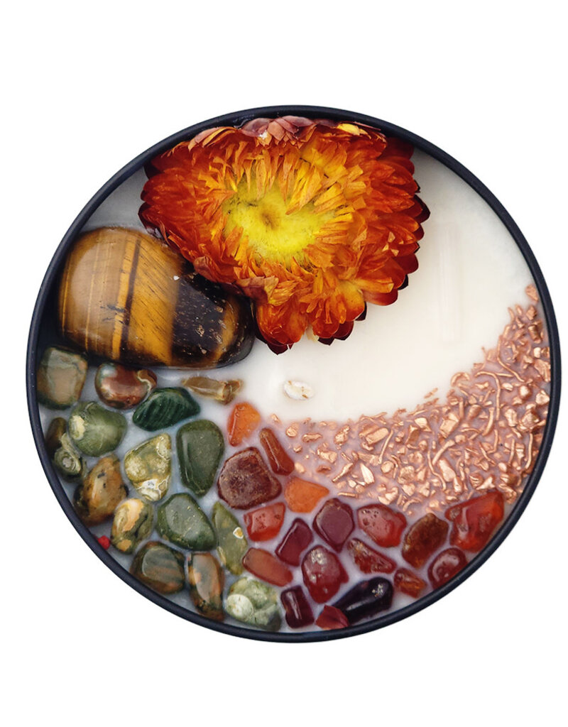 Candle - Durga the Fearless - Tiger Eye, Rhyolite, Hessonite, Copper - 8 oz