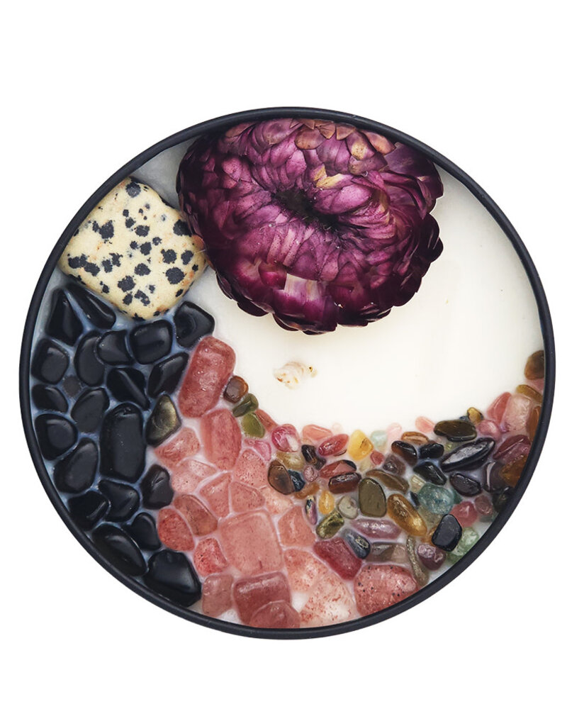 Candle - Lofn - Dalmatian Jasper, Black Obsidian. Strawberry Quartz, Mixed Tourmaline - 8 oz