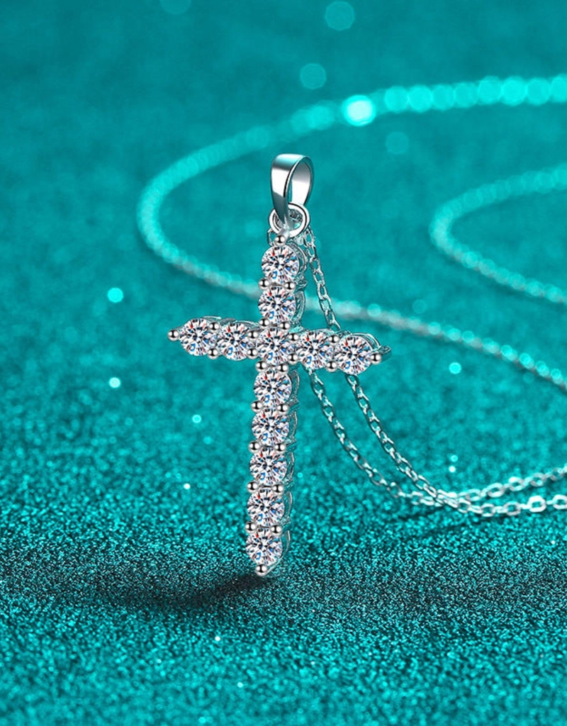 Moissanite Cross Pendant Necklace- 925 Sterling Silver