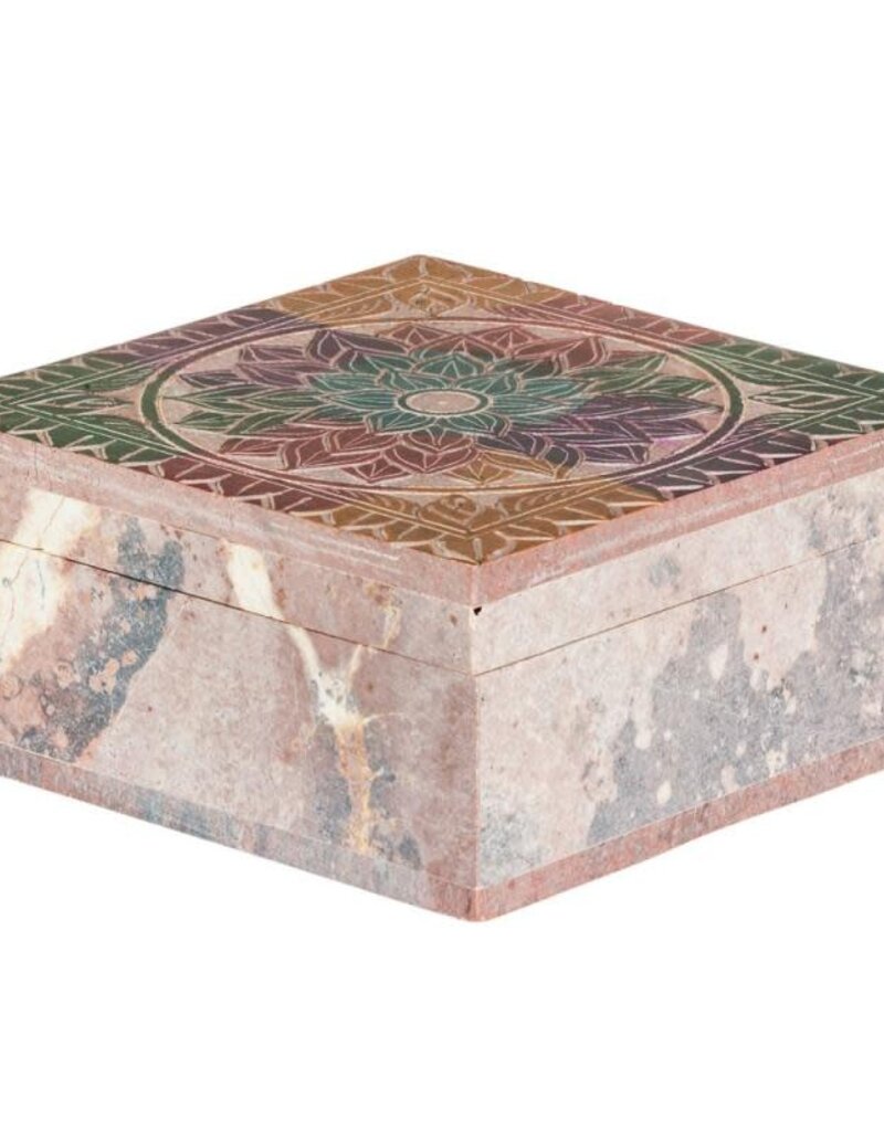 Mandala Square Soapstone Box- 4 x 4 x 1.75 inch- 66774