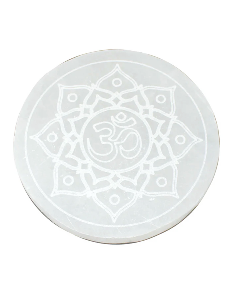 Crystal Grid- Round Selenite Lotus and Om- SEL-LOC22