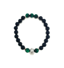 Black Agate, Green Tiger Eye Bracelet with Warrior Helmet - 8mm