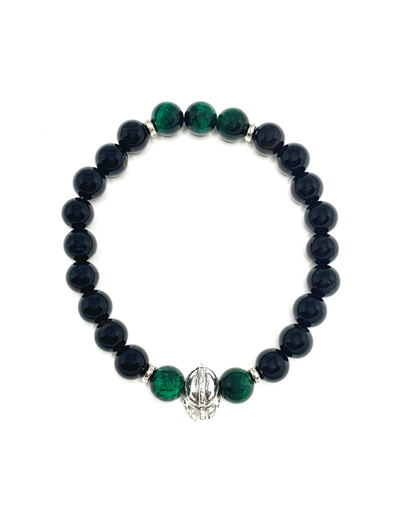 Black Agate, Green Tiger Eye Bracelet with Warrior Helmet - 8mm