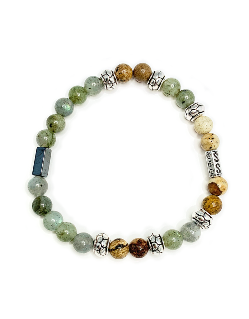 Labradorite, Picture Jasper Bracelet with Hematite & Silver Accent - 6mm