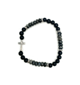 Bracelet - Black Agate, Labradorite with Cross - 6mm - 98419