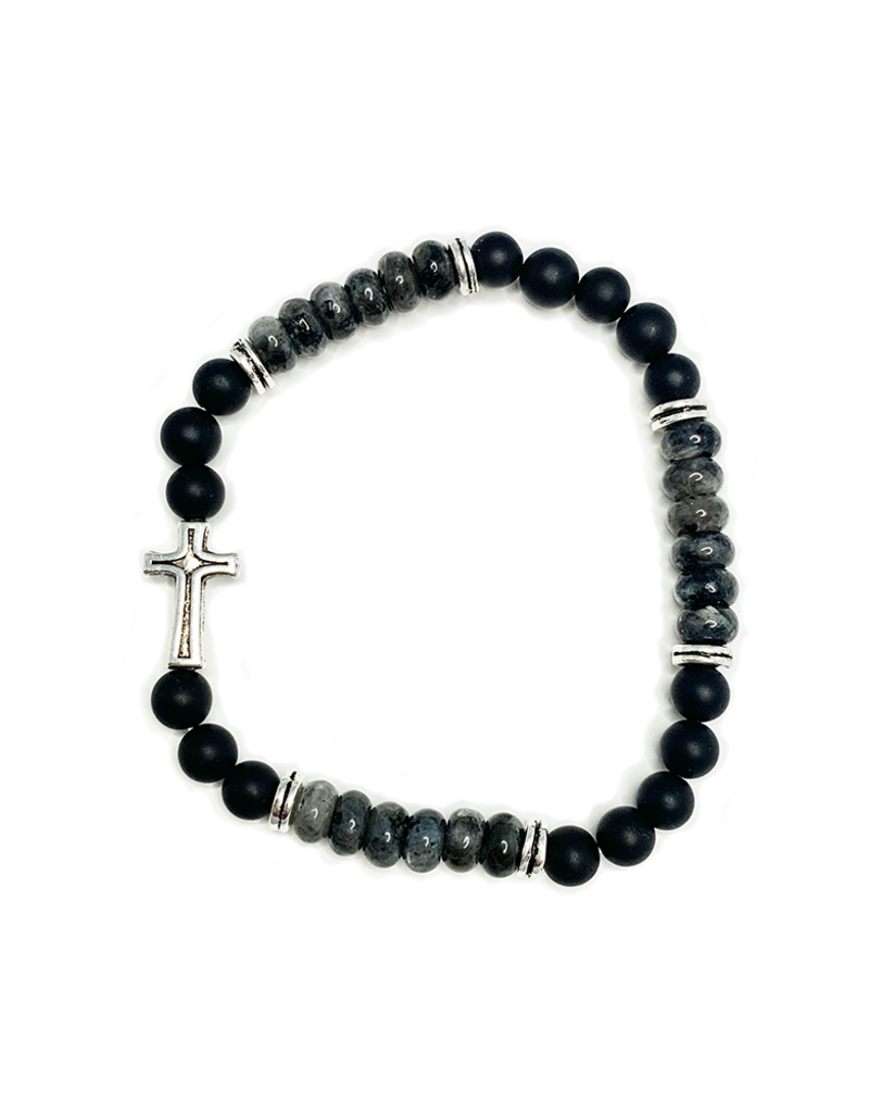 Black Agate, Labradorite Bracelet with Cross - 6mm