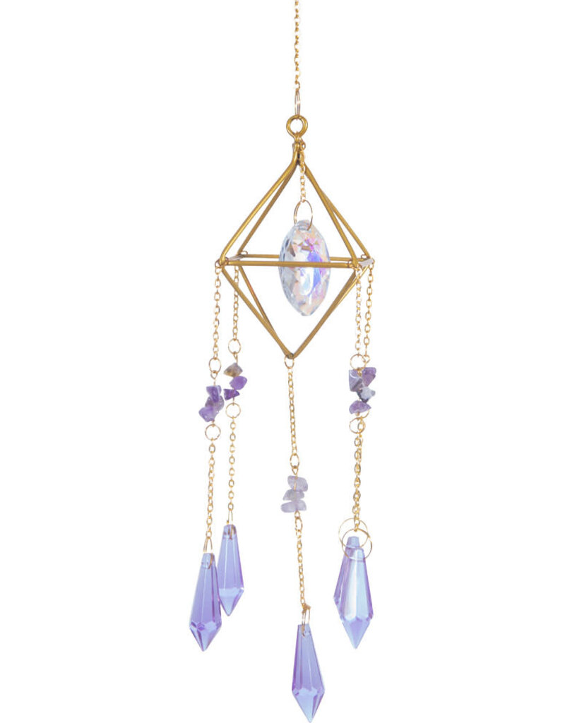 Hanging Crystal- AB Crystal Prism Suncatcher w/ Amethyst Chips & Purple Crystals