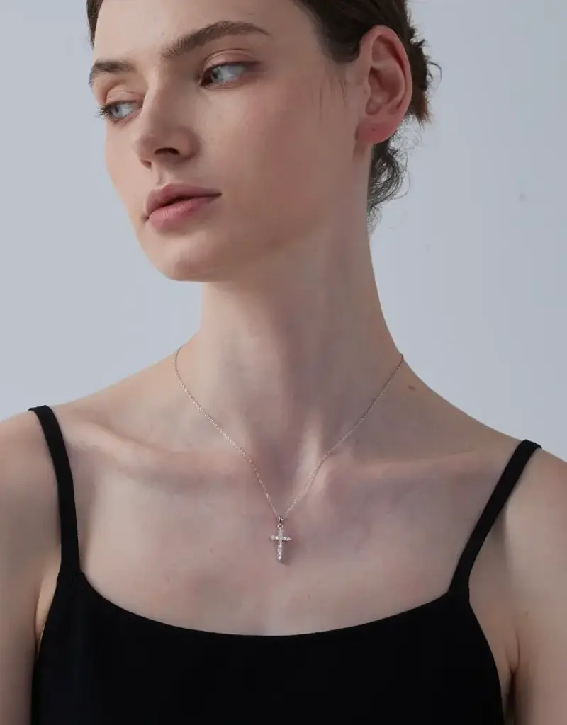 Moissanite Cross Pendant Necklace in 925 Sterling Silver- N0421-S0.36