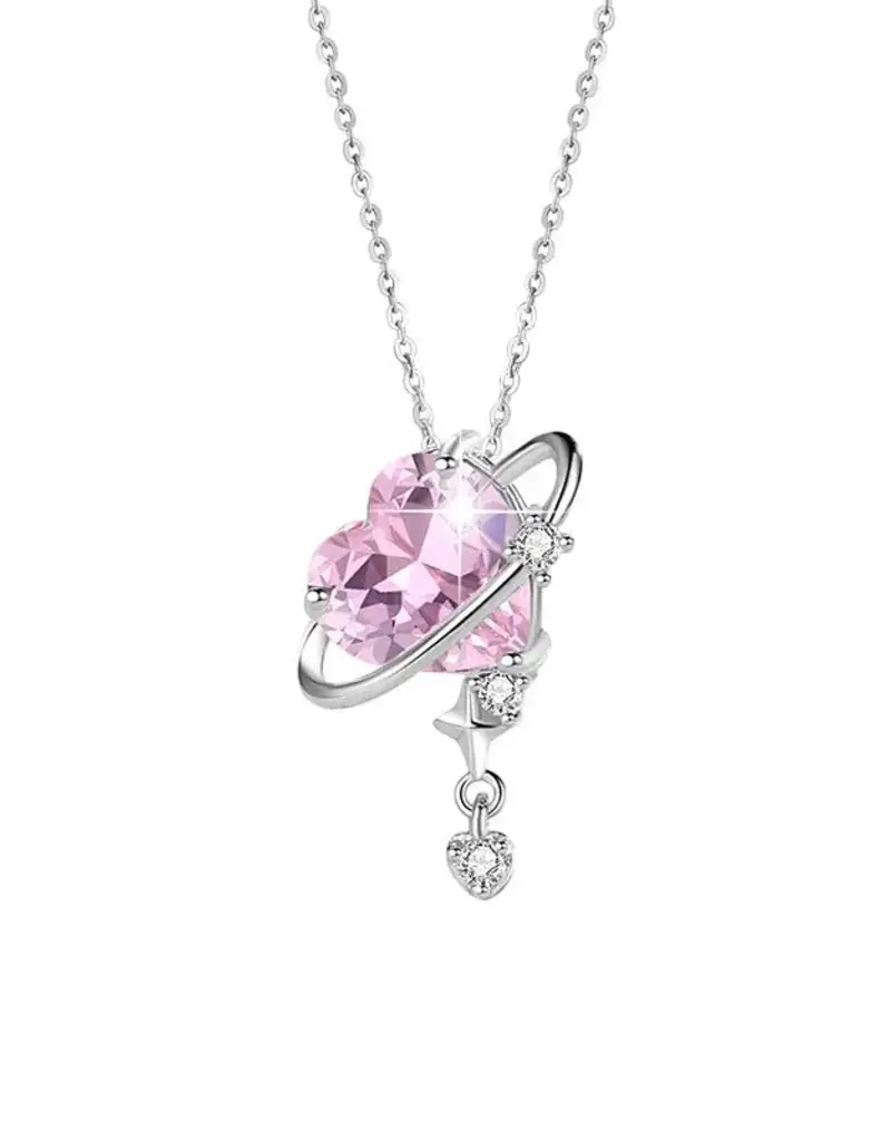 Pink Heart Planet Moon Star Necklace Sterling Silver - N0489