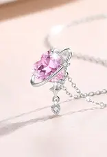 Pink Heart Planet Moon Star Necklace Sterling Silver - N0489