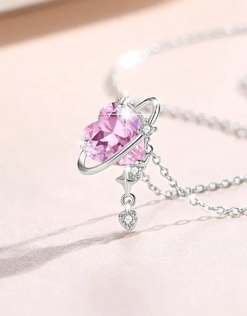 Pink Heart Planet Moon Star Necklace Sterling Silver - N0489
