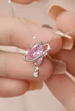 Pink Heart Planet Moon Star Necklace Sterling Silver - N0489