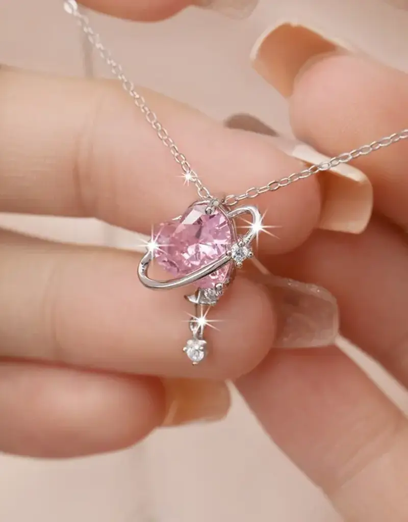 Pink Heart Planet Moon Star Necklace Sterling Silver - N0489