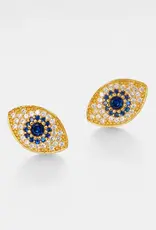 Turkish Blue Evil Eye Stud Earrings Sterling Silver Gold Plated - E0221-G