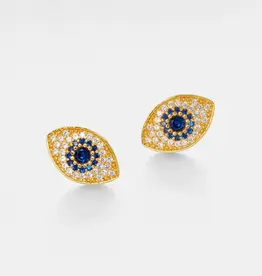 Turkish Blue Evil Eye Stud Earrings Sterling Silver Gold Plated - E0221-G