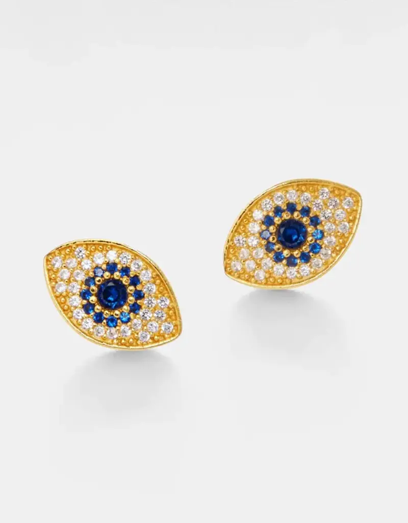Turkish Blue Evil Eye Stud Earrings Sterling Silver Gold Plated - E0221-G