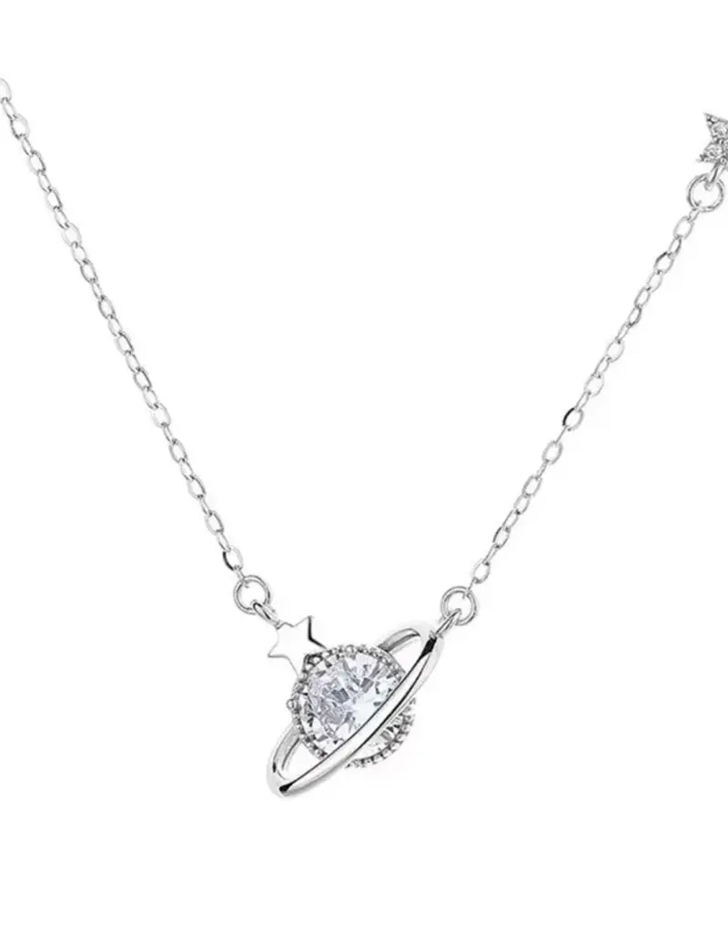 Planet Saturn Star Pendant Necklace Sterling Silver- N0651