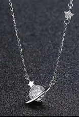 Planet Saturn Star Pendant Necklace Sterling Silver- N0651