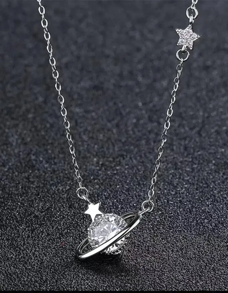 Planet Saturn Star Pendant Necklace Sterling Silver- N0651