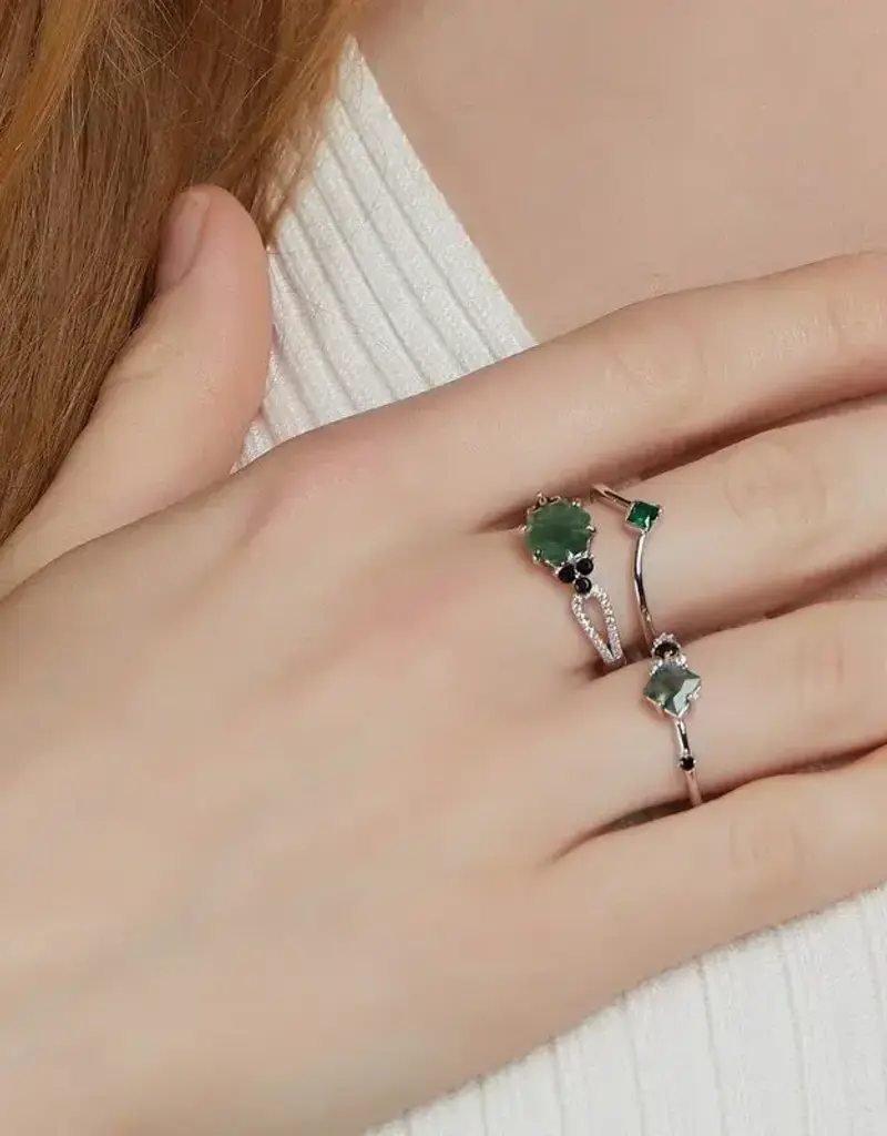 Square Moss Agate Stacking Ring - Sterling Silver