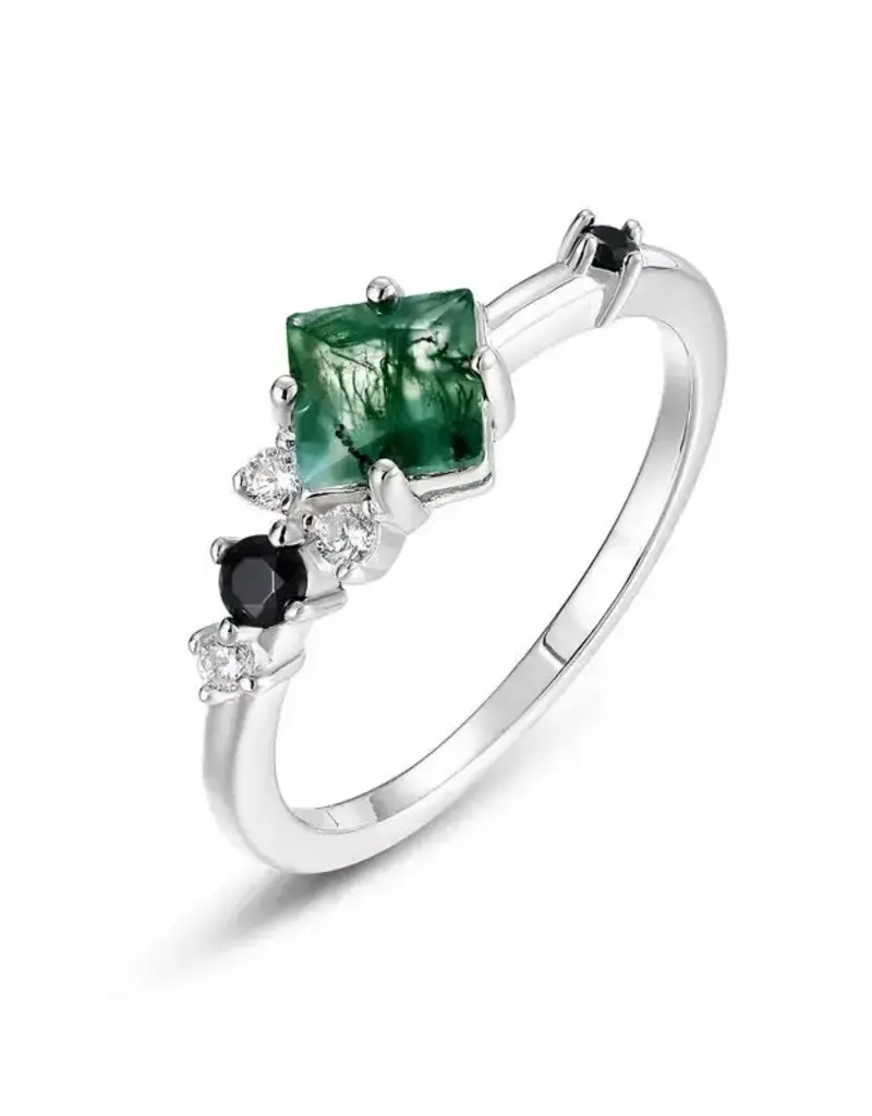 Square Moss Agate Stacking Ring - Sterling Silver
