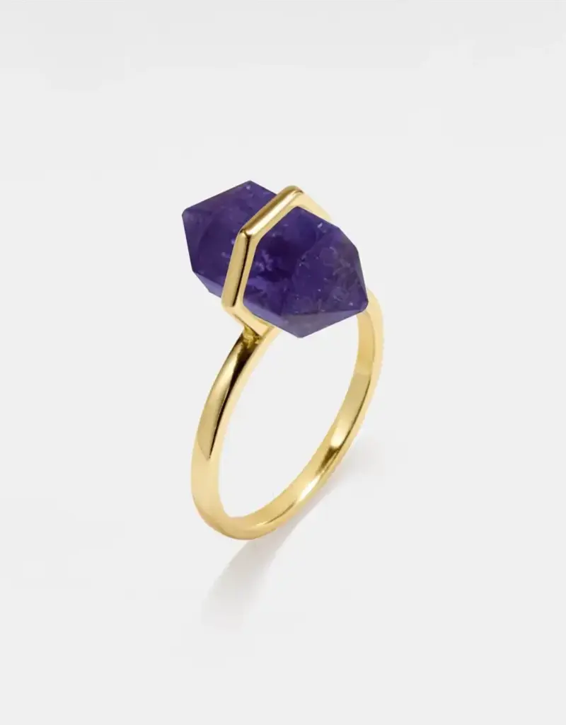 Hexagon Amethyst Crystal Ring- Sterling Silver Gold Plated