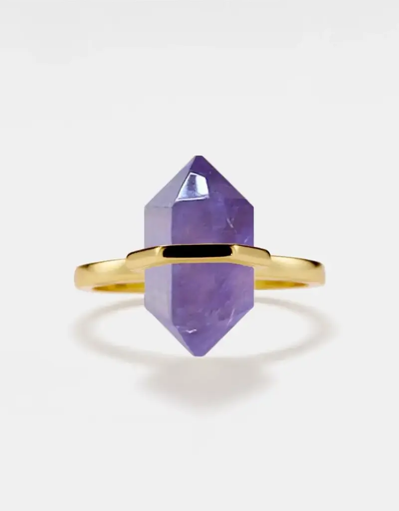 Hexagon Amethyst Crystal Ring- Sterling Silver Gold Plated