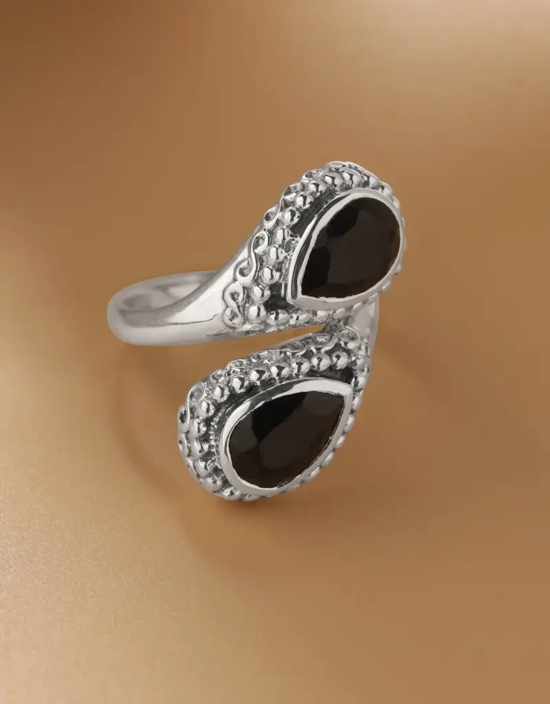 Black Onyx Twin Eclipse Teardrop Ring- Sterling Silver