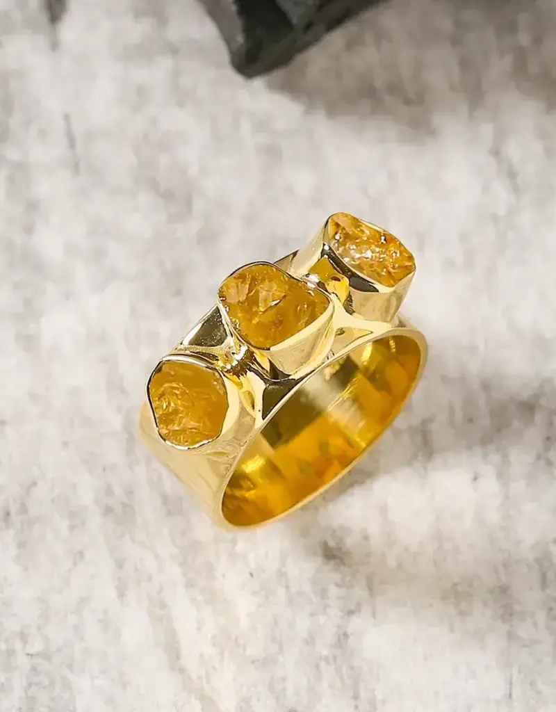 Raw Citrine Wide Band Three Stone Ring- Sterling Silver- Size 9- SR40533-9