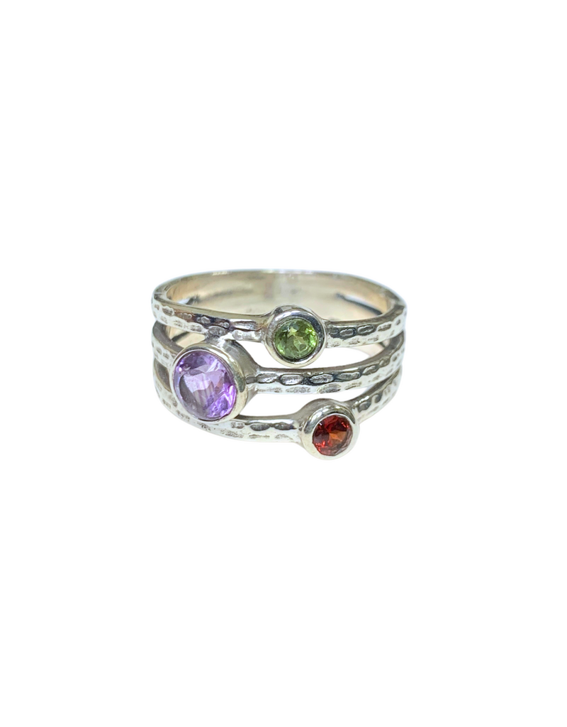 Triple Gemstone Sterling Silver Ring