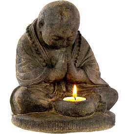 Praying Monk Volcanic Stone Statue T-Light Holder