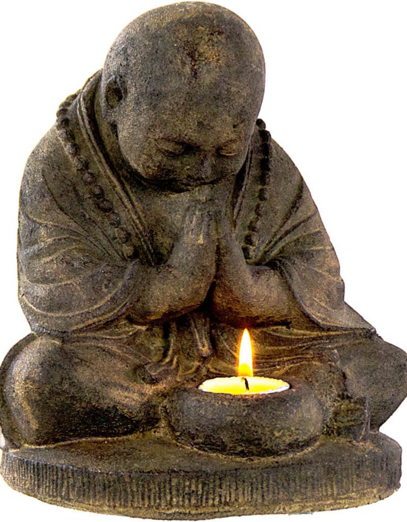 Praying Monk Volcanic Stone Statue T-Light Holder