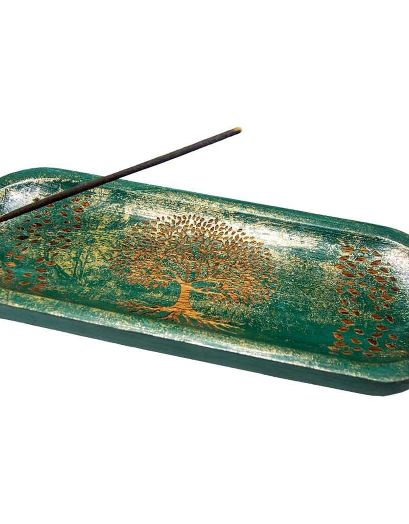 Incense Holder-Tree Of Life Green Mango Wood Oval- 89791