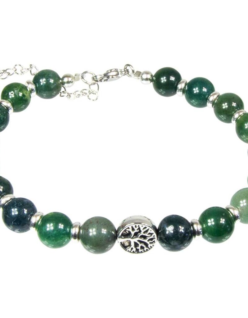 Moss Agate Bracelet with Tree of Life & Rondelles Adjustable Clasp- 8mm