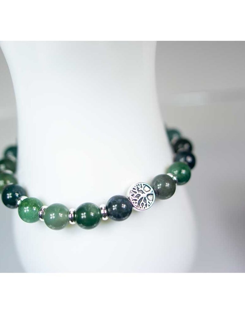 Moss Agate Bracelet with Tree of Life & Rondelles Adjustable Clasp- 8mm