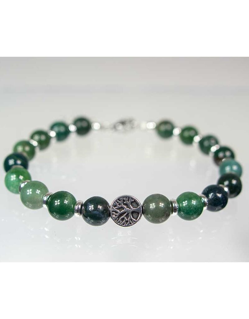 Moss Agate Bracelet with Tree of Life & Rondelles Adjustable Clasp- 8mm
