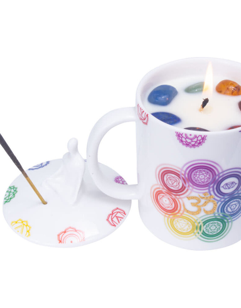 Multi Purpose 3 in 1 Ceramic Coffee Mug Candle & Incense Holder with Chakra Gemstones