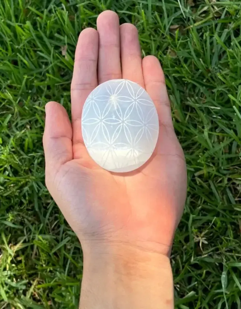 Selenite Flower of Life Palm Stone - SEL-FLPS
