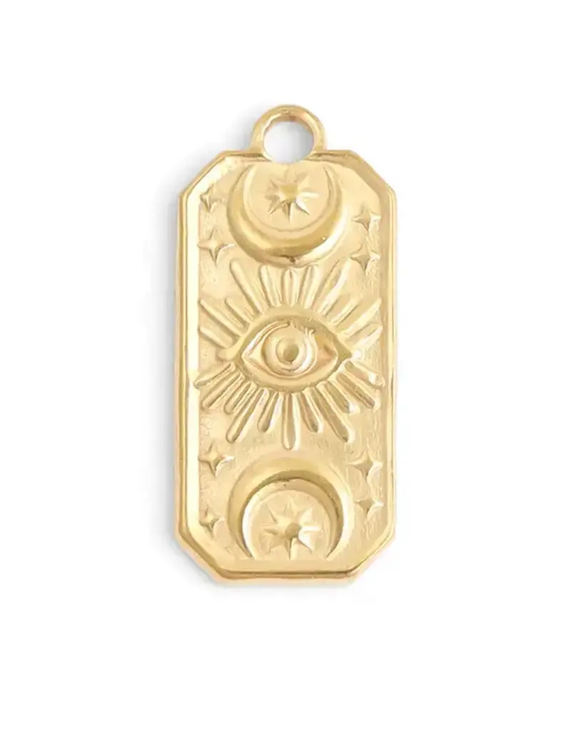 18K Gold Plated Stainless Steel Rectangle Mystical Evil Eye Charm - Gold