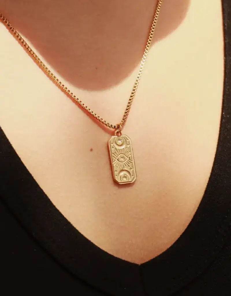 18K Gold Plated Stainless Steel Rectangle Mystical Evil Eye Charm - Gold
