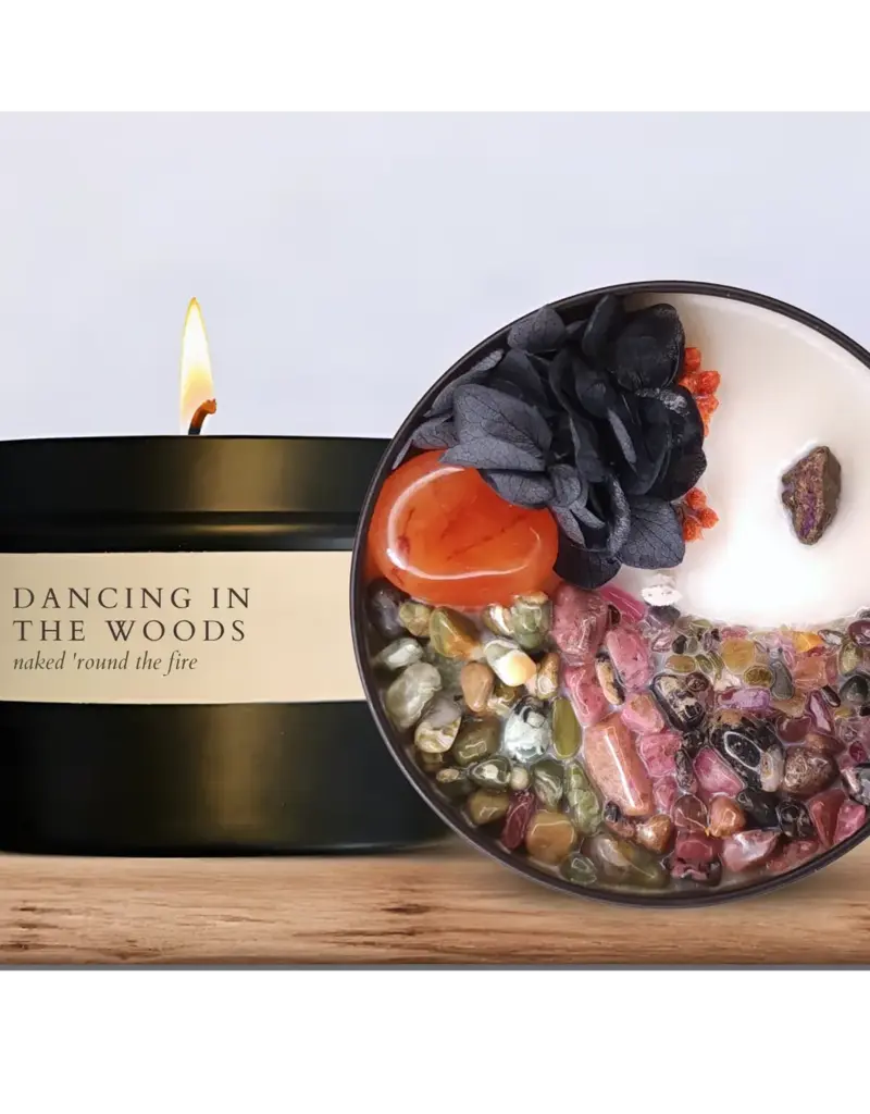 Candle - Dancing in the Woods -Carnelian, Rhyolite, Rhodonite, Rainbow Tourmaline, Chalcopyrite - 8 oz