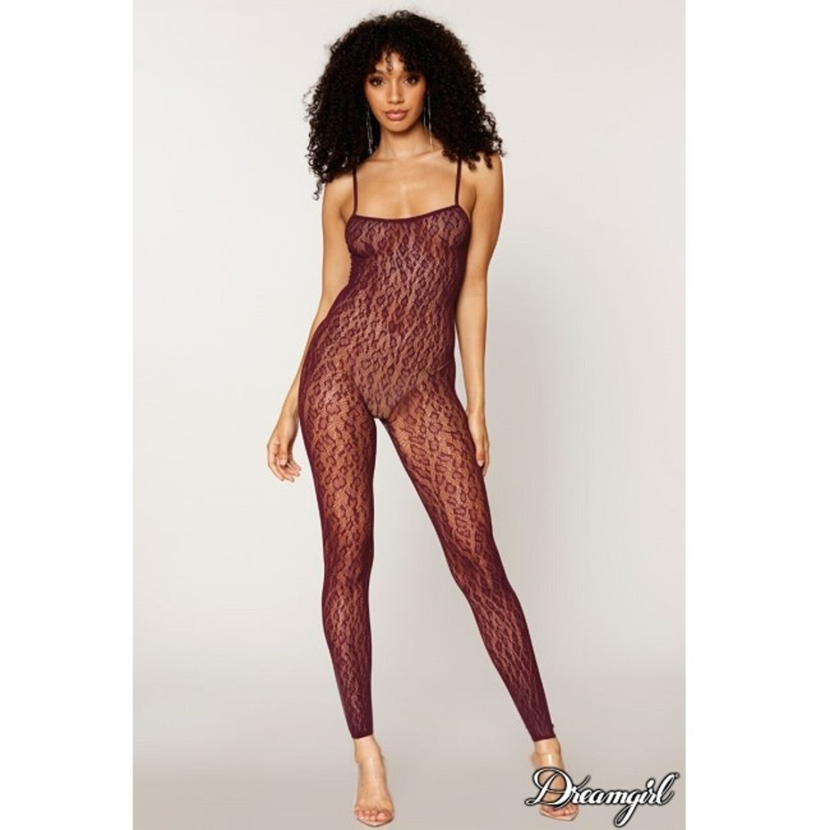 Dreamgirl Dreamgirl Leopard Fishnet 2-Piece Burgundy Catsuit Set OS