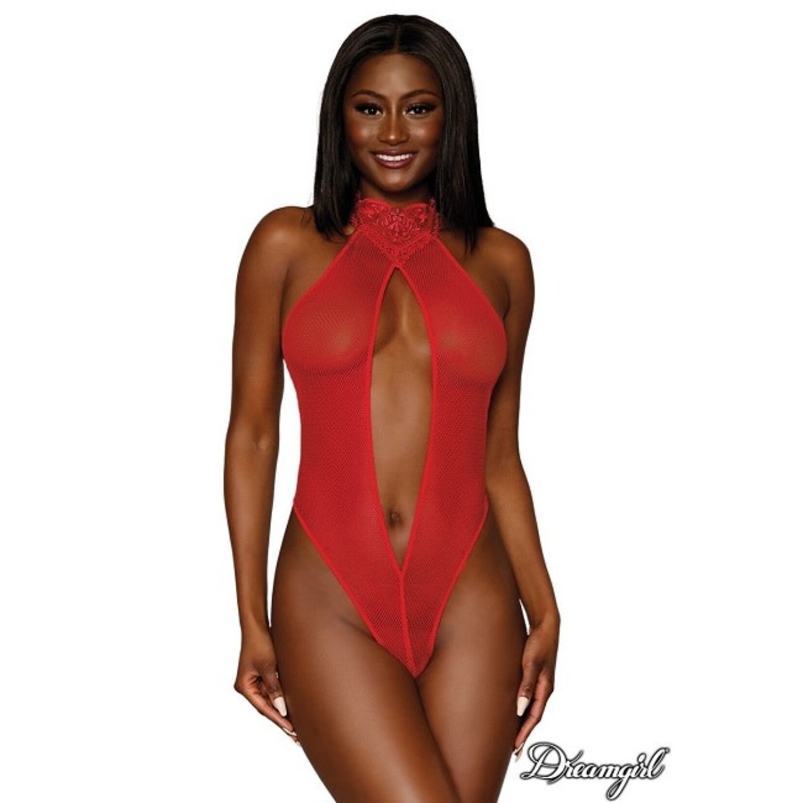 Dreamgirl Dreamgirl Lipstick Red Fishnet & Lace Pearl Back Teddy OS