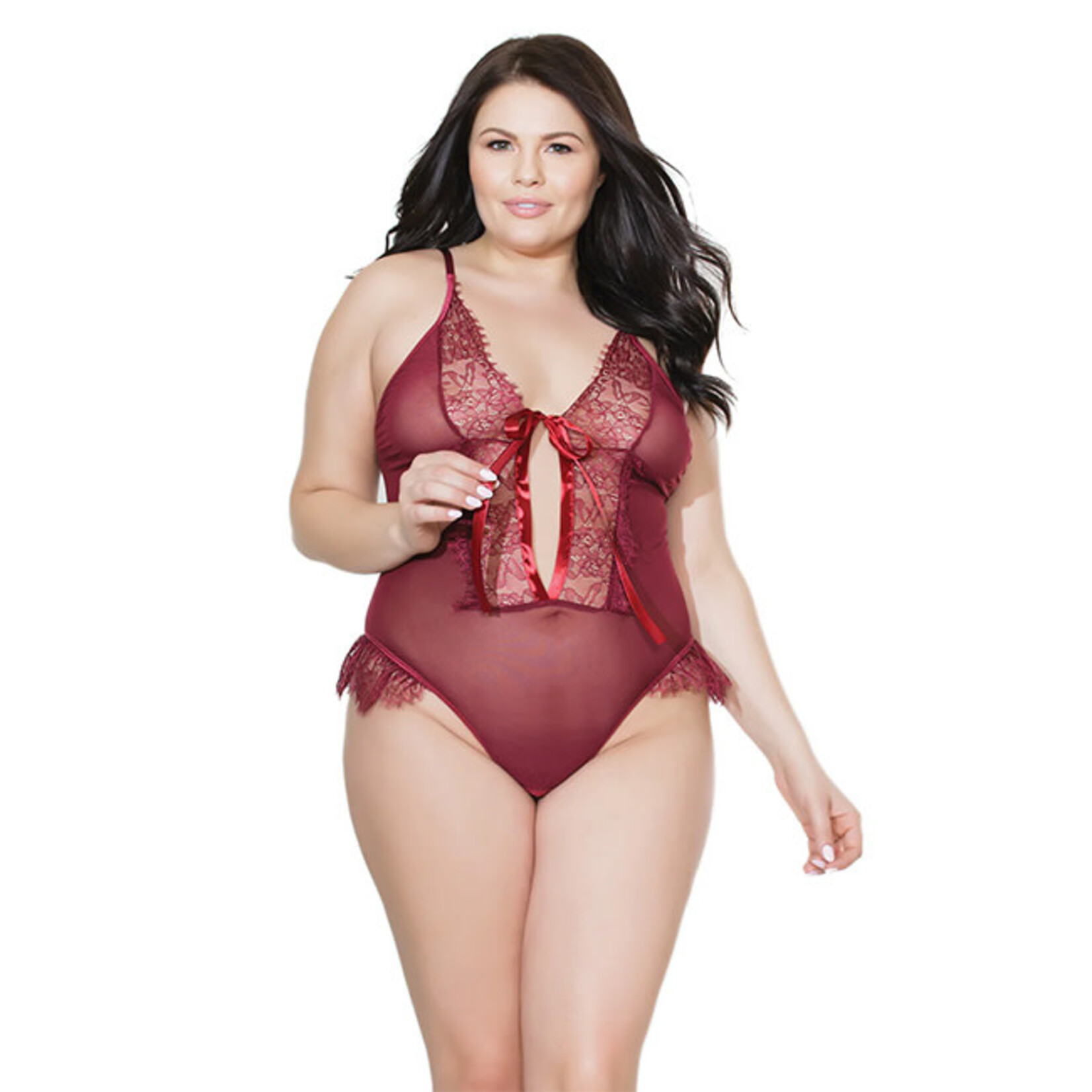 Coquette Coquette Merlot Crotchless Lace Ruffle Teddy