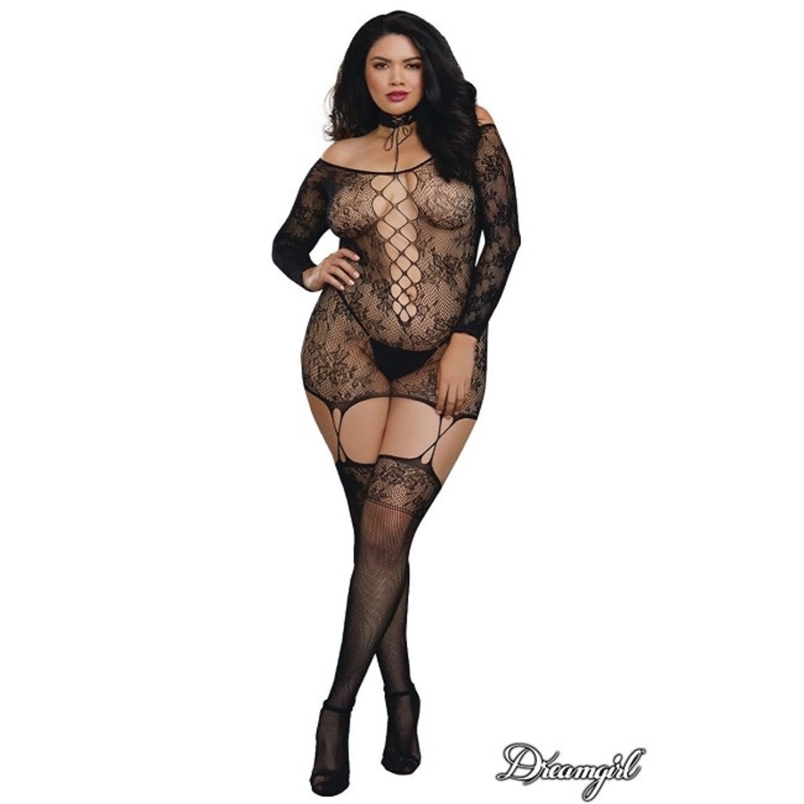 Dreamgirl Dreamgirl Reversible Lace Garter Dress with Attached Stockings OSX Black