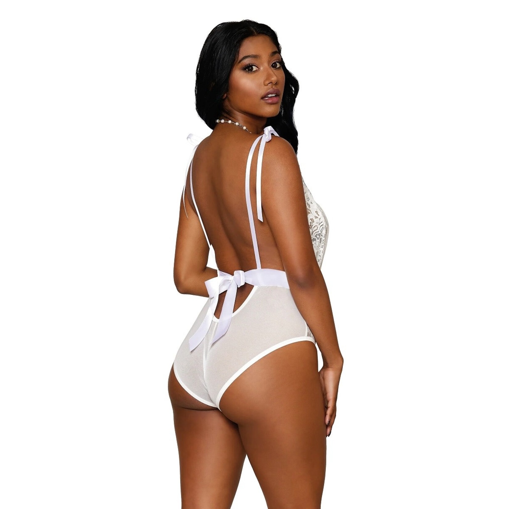 Dreamgirl Dreamgirl White Eyelash Lace Tie-Back Teddy OS