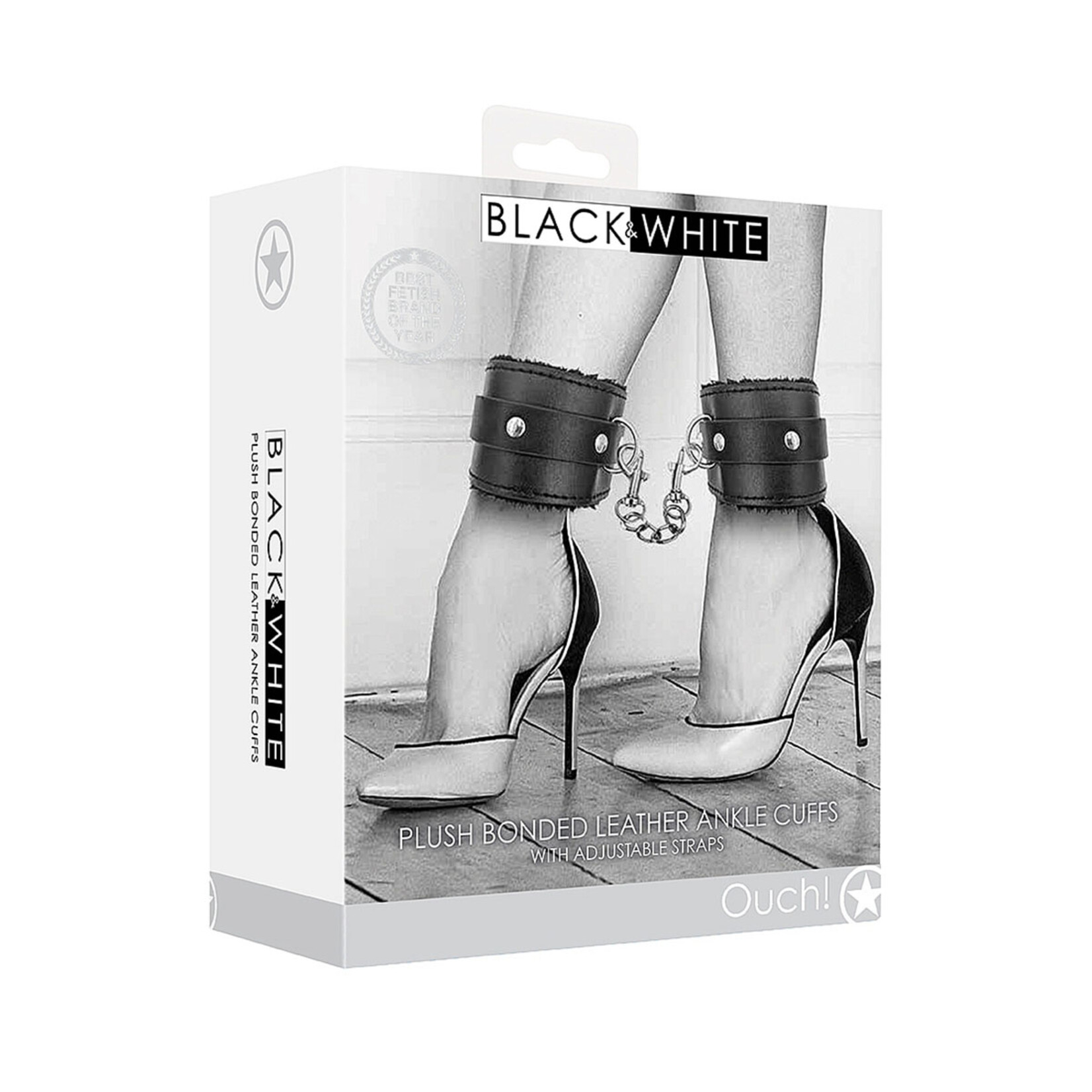 Shots America Ouch! Black & White Plush Bonded Leather Ankle Cuffs