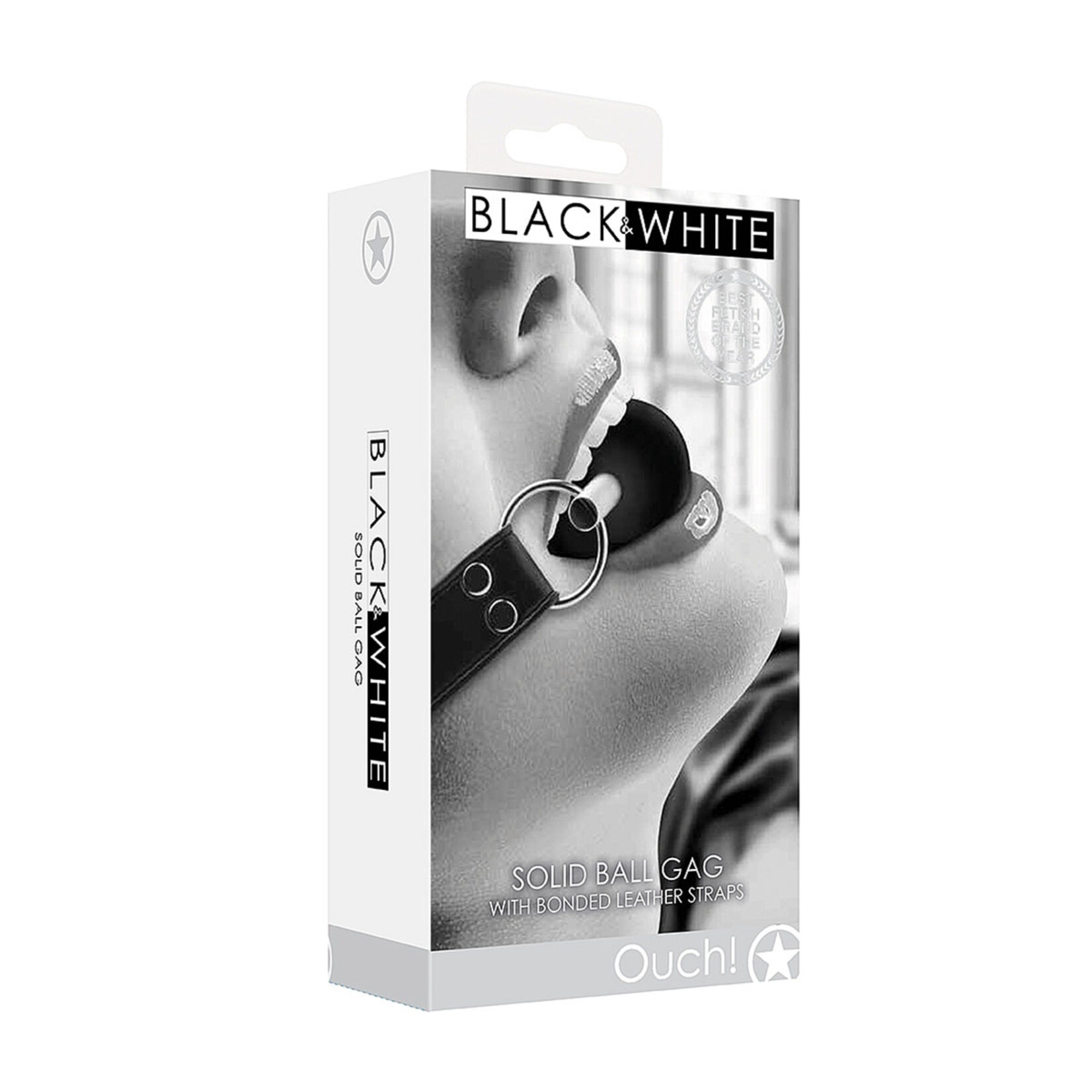 Shots America Ouch! Black & White Solid Ball Gag with Bonded Leather Straps