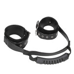 Shots America Ouch! Black & White Bonded Leather Hand Cuffs with Handle